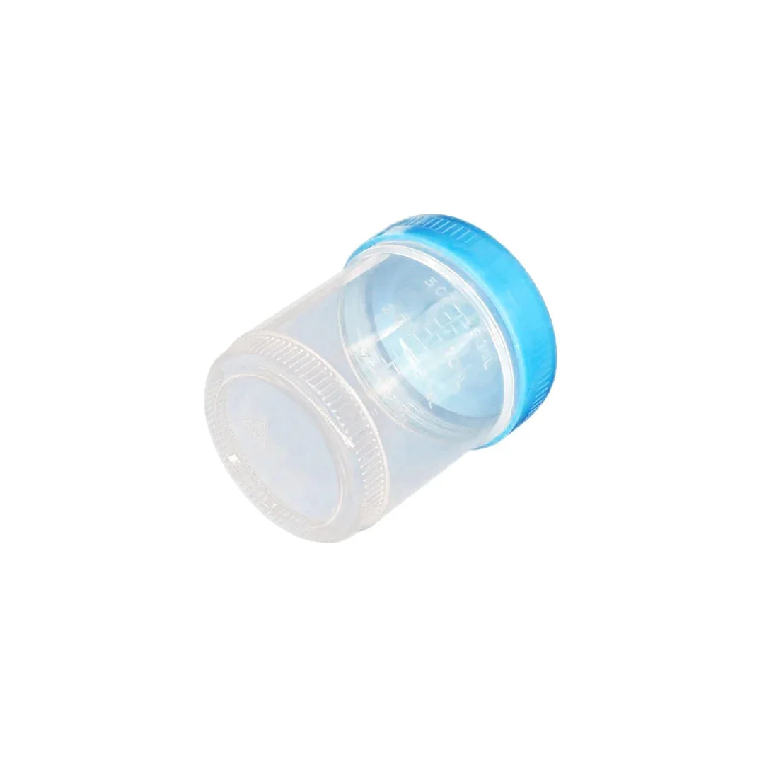 Sterile 90mL urine specimen cup with D53mm lid, temp strip, and label