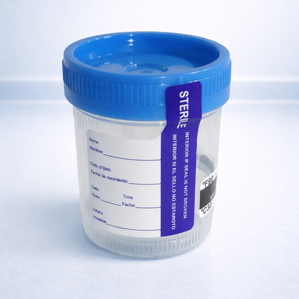 Sterile Urine Cup 90ml  – Temp Strip, Labeled, D53mm Specimen