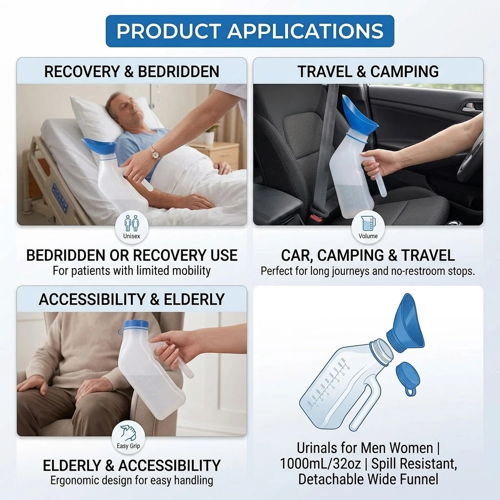 Urinals for Men Women 1000mL/32oz Spill Resistant, Detachable Wide Funnel