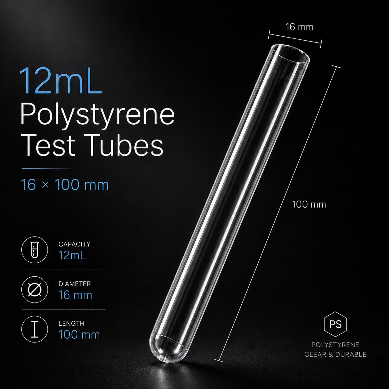 Test Tubes 12mL 16x100 mm – Plastic Rimless Culture Tubes, 1000 Count (Non-Sterile, No Caps)