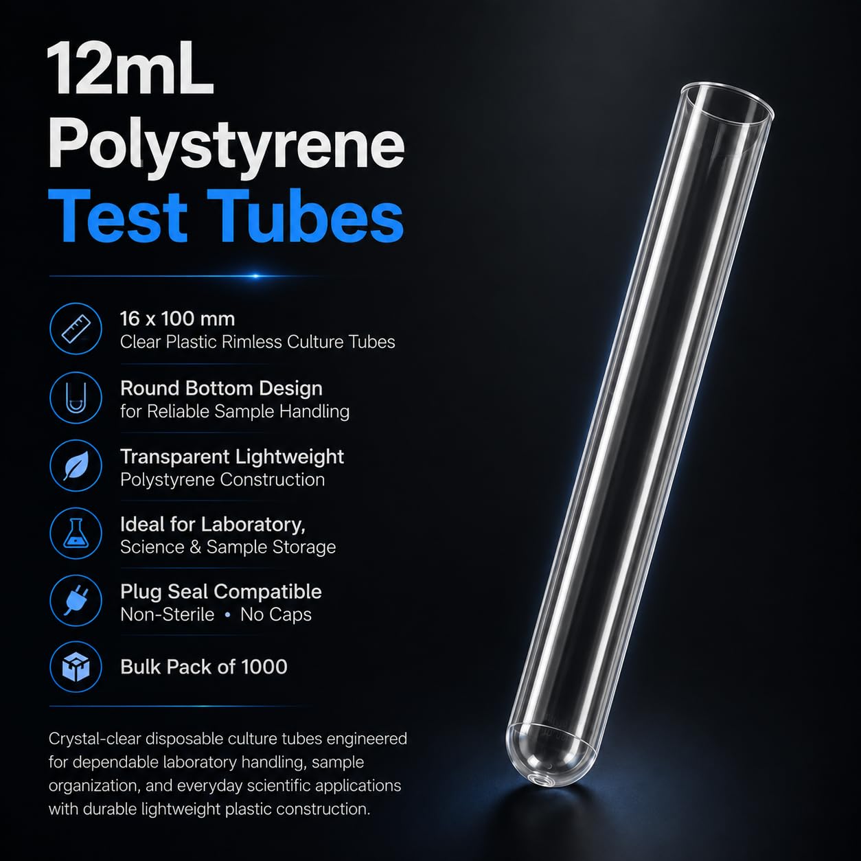 Test Tubes 12mL 16x100 mm – Plastic Rimless Culture Tubes, 1000 Count (Non-Sterile, No Caps)