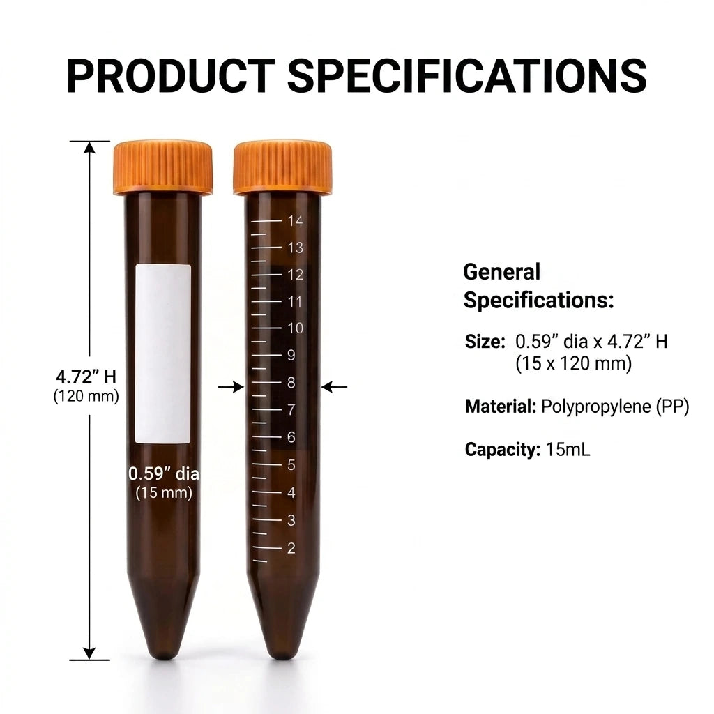 15mL Amber Centrifuge Tubes Conical Screw Cap Polypropylene PP Non-Sterile