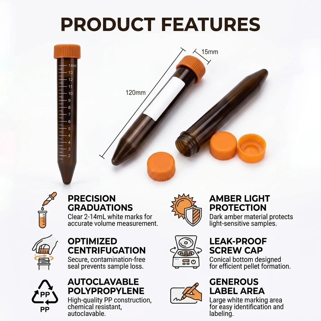 15mL Amber Centrifuge Tubes Conical Screw Cap Polypropylene PP Non-Sterile