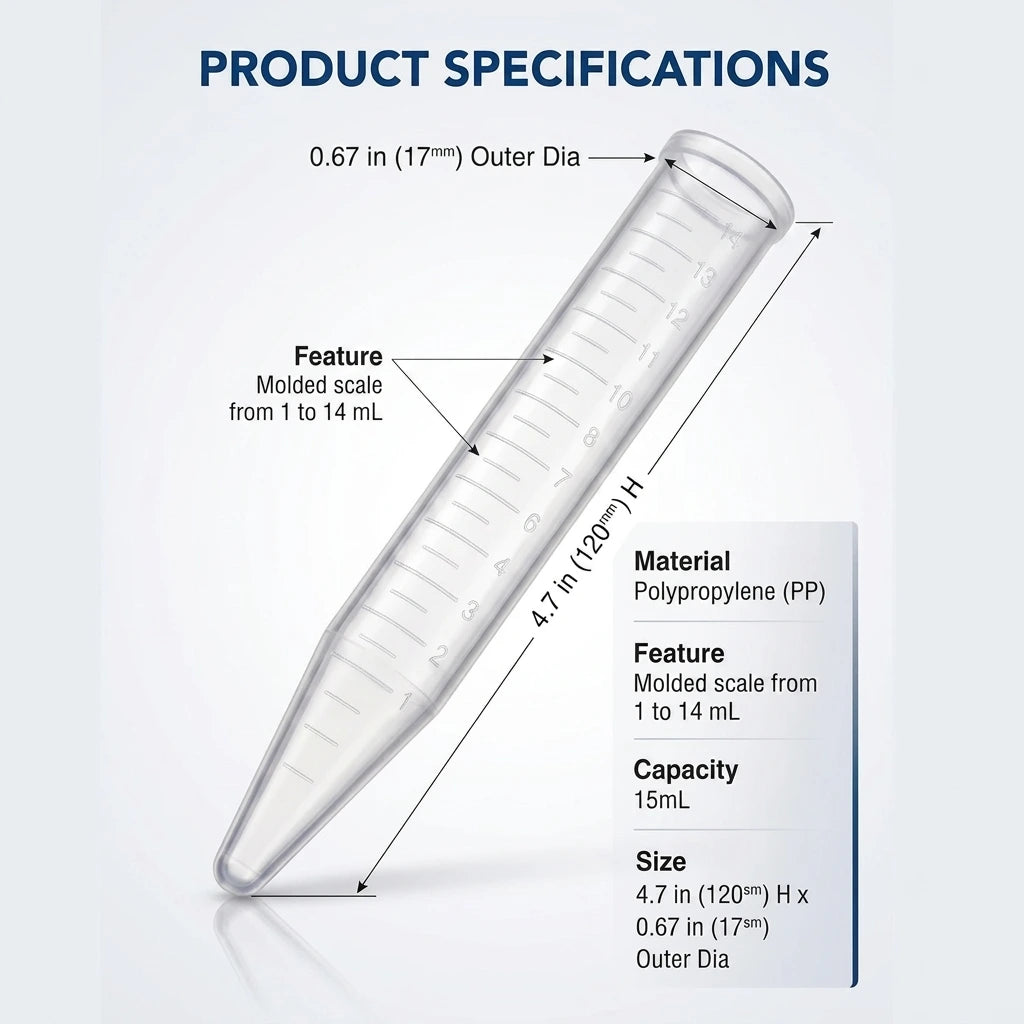 15 mL Conical Centrifuge Tubes, Clear Polypropylene (PP), 1000 Pcs