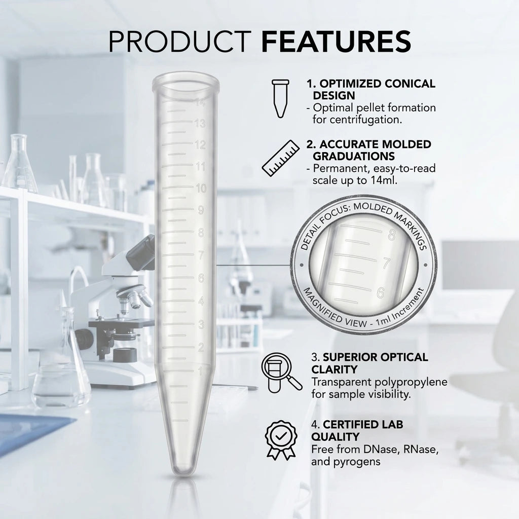 15 mL Conical Centrifuge Tubes, Clear Polypropylene (PP), 1000 Pcs
