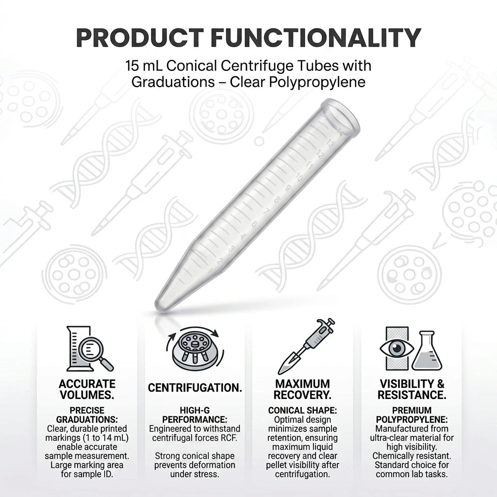 15 mL Conical Centrifuge Tubes, Clear Polypropylene (PP), 1000 Pcs