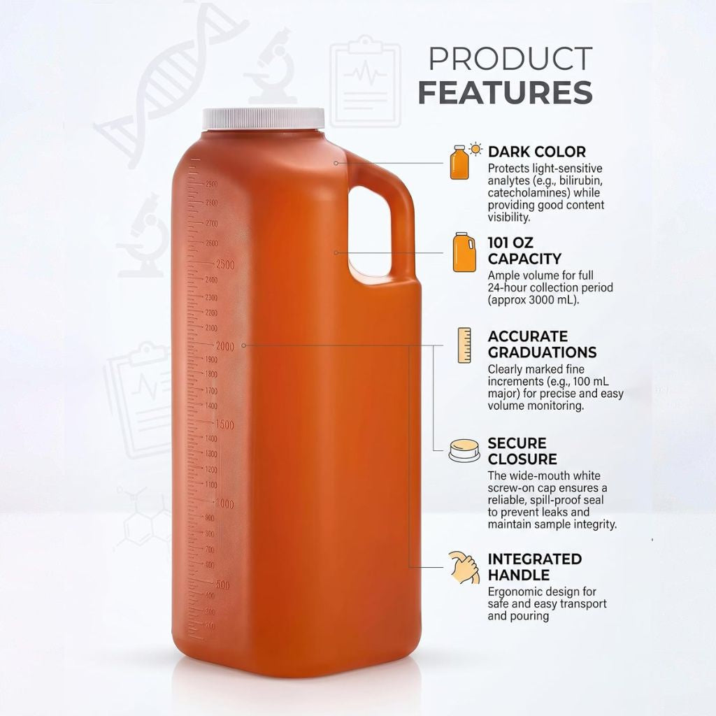 101 oz 24-Hour Urine Collection Bottle, 3000mL Amber Container Jug, Bulk