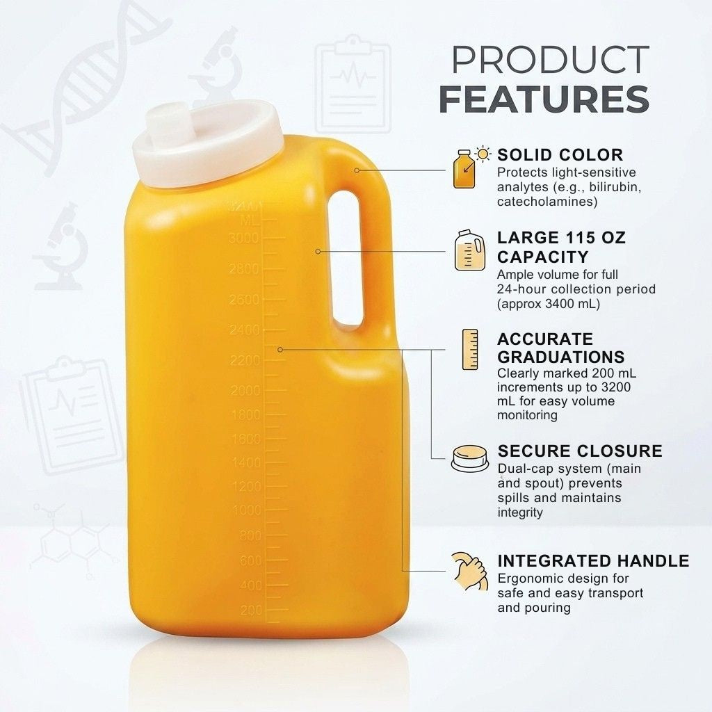 115 oz 24-Hour Urine Collection Bottle, Container Jug, Spill-Proof, Bulk