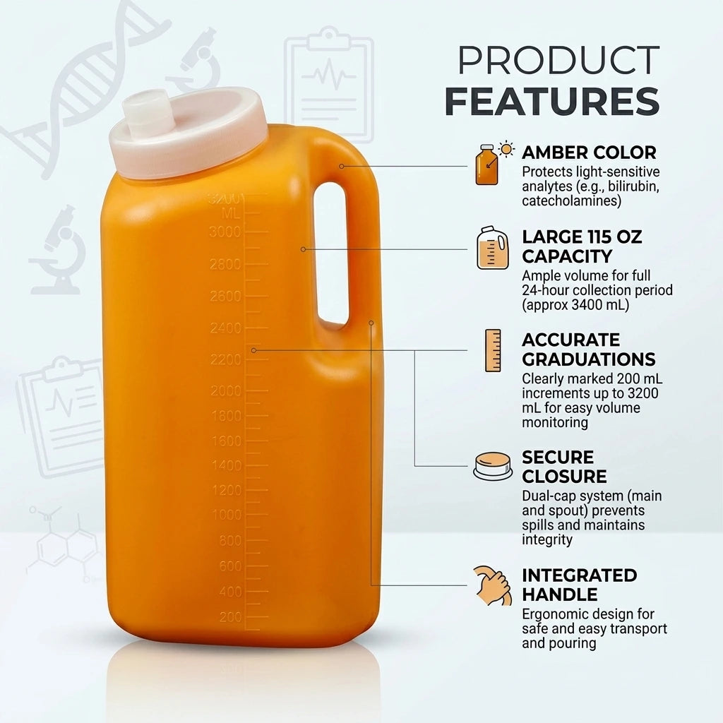 115 oz 24-Hour Urine Collection Bottle, Container Jug, Spill-Proof, Bulk