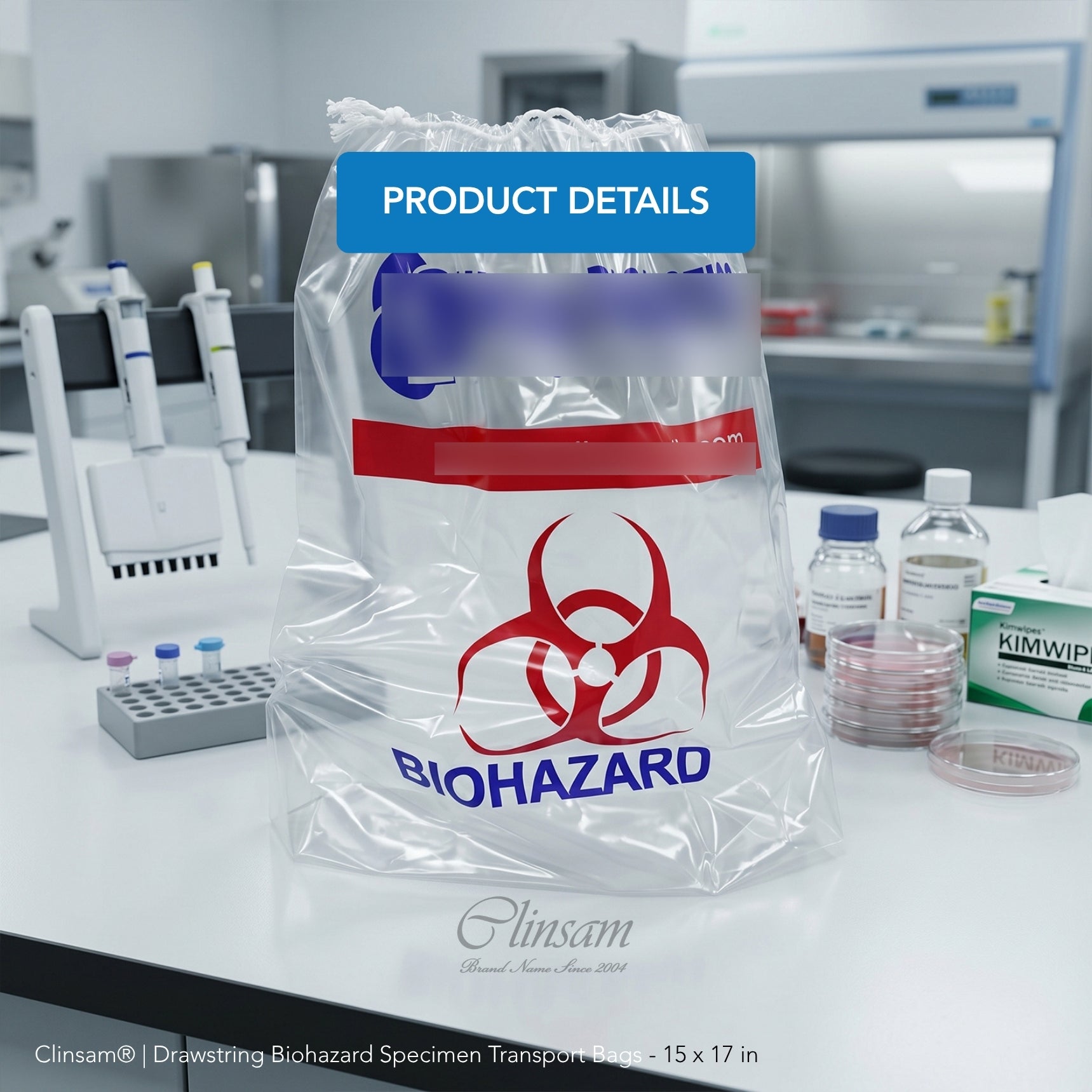 Drawstring Biohazard Specimen Transport Bags - 15 x 17 in (38 x 43 cm)
