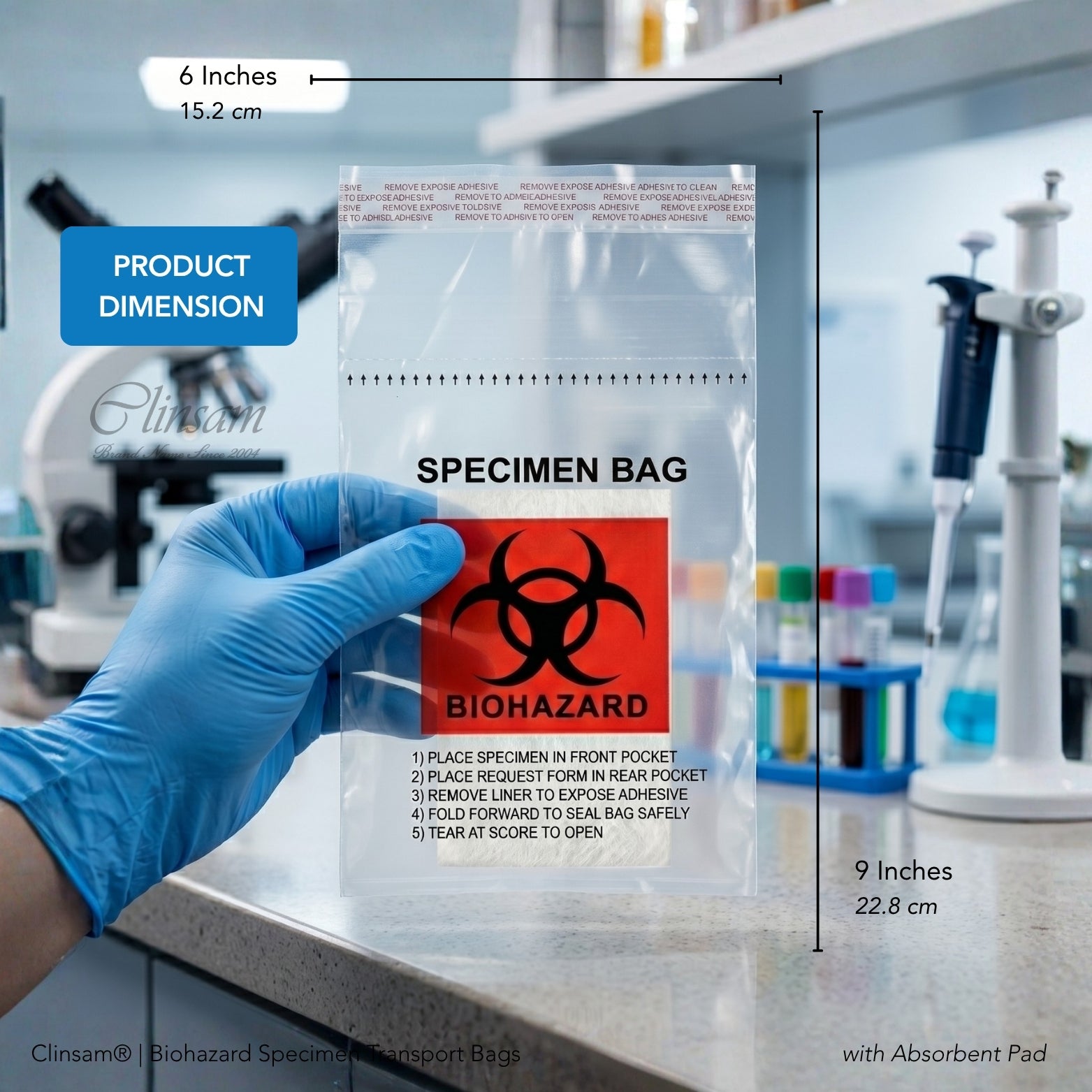 Biohazard Specimen Transport Bags with Absorbent Pad - 6 x 9 in (15 x 23 cm) - 1000 Count (10 Packs of 100)