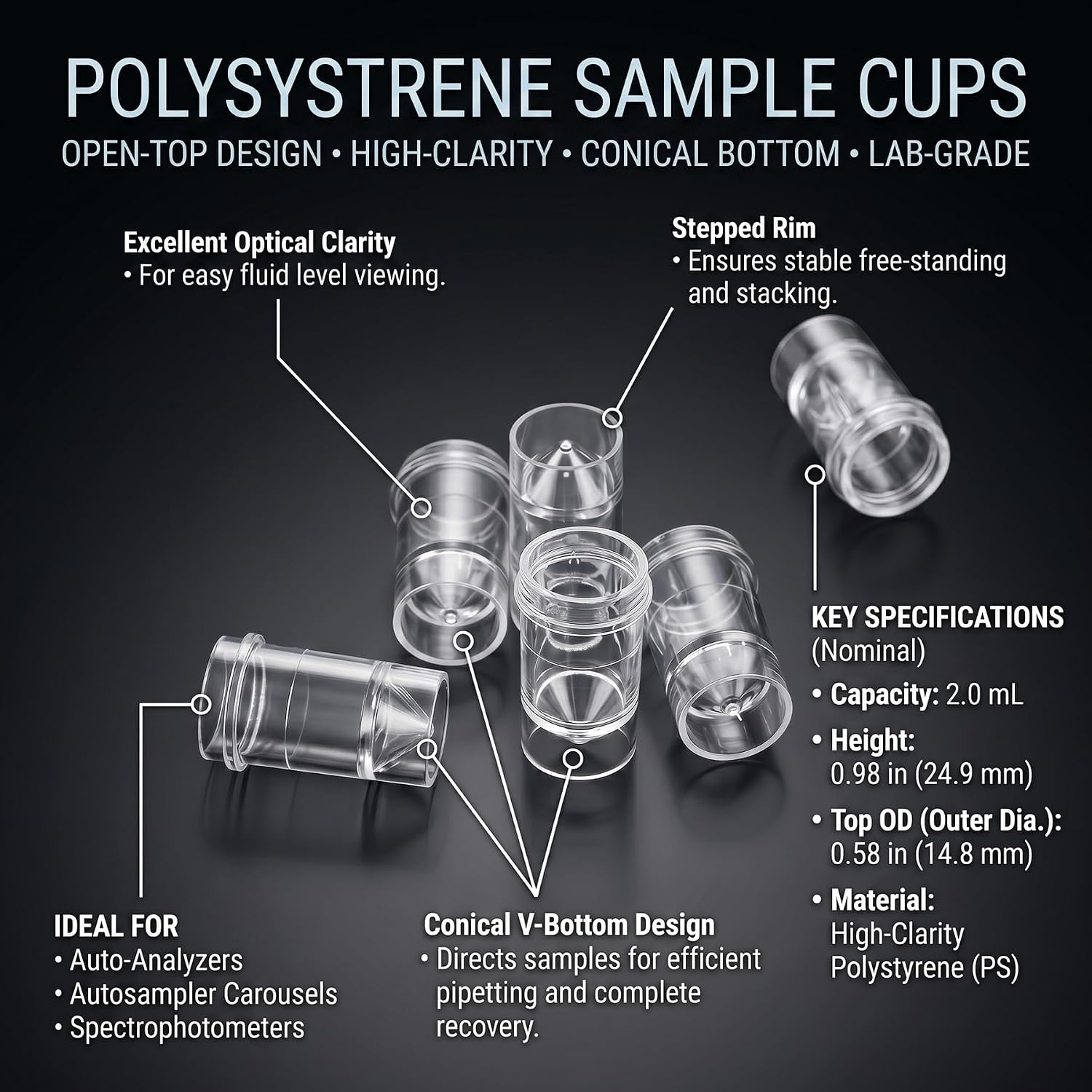 2.0mL Sample Cups 0.58 x 0.98in (14.8 x 24.9mm), Polystyrene, 1000 pcs