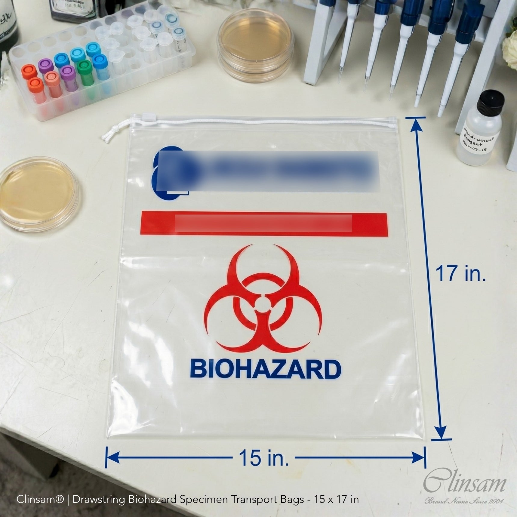 Drawstring Biohazard Specimen Transport Bags - 15 x 17 in (38 x 43 cm)