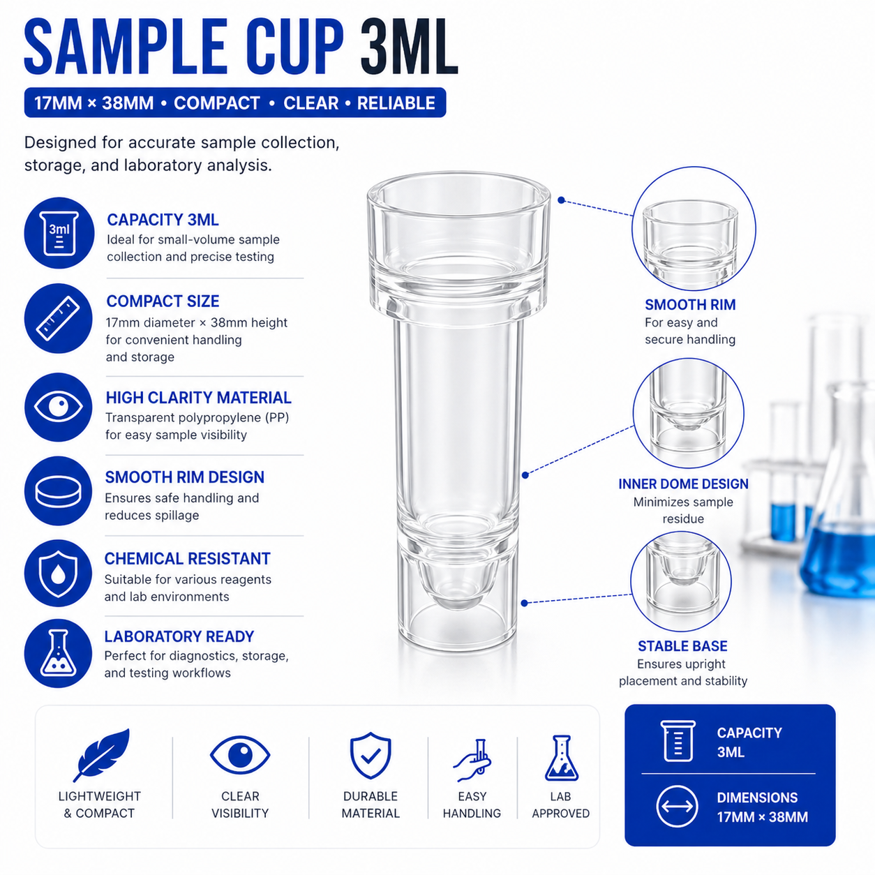 3.0 mL Sample Cup, 17 x 38 mm w/o Cap (1000/Pack)