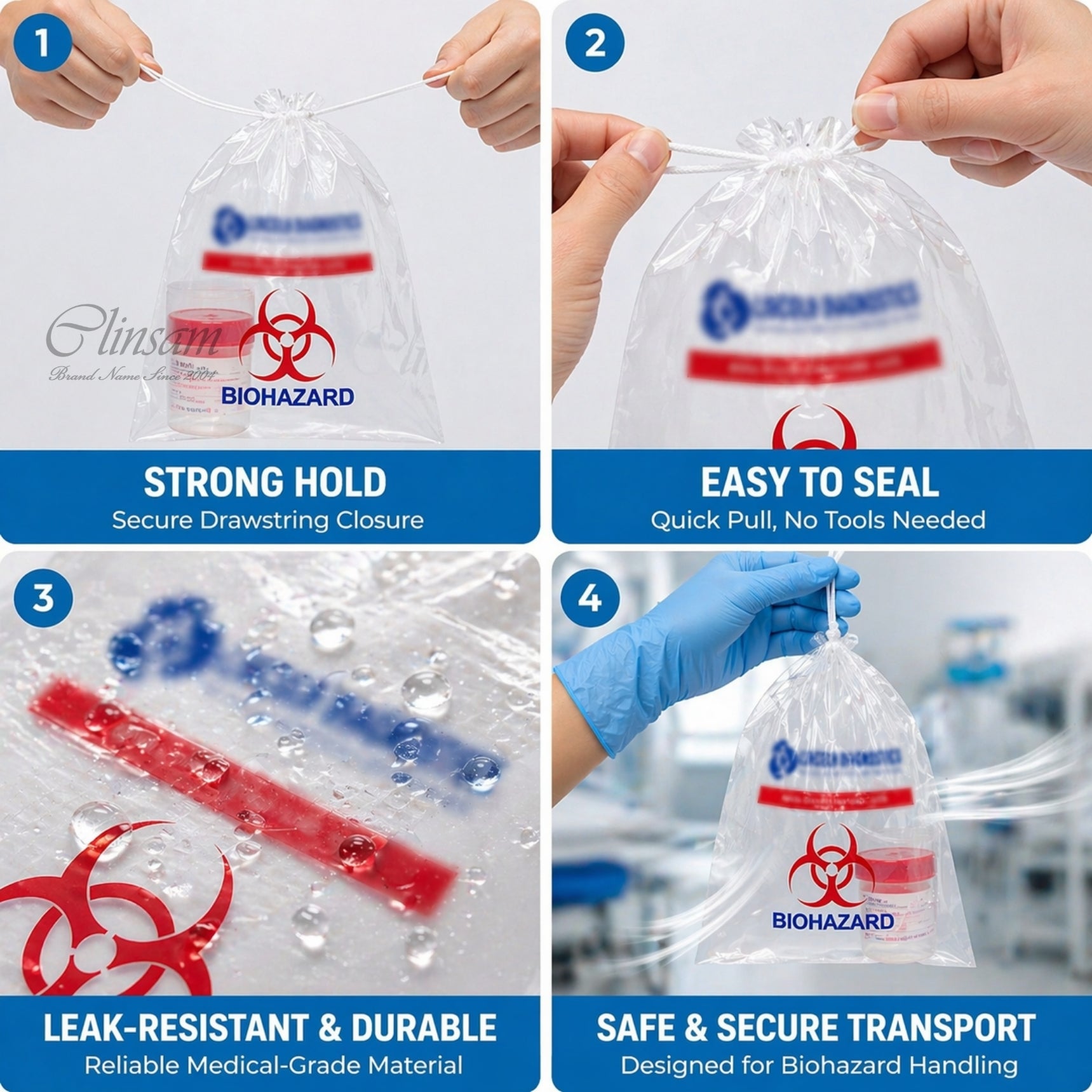Drawstring Biohazard Specimen Transport Bags - 15 x 17 in (38 x 43 cm)