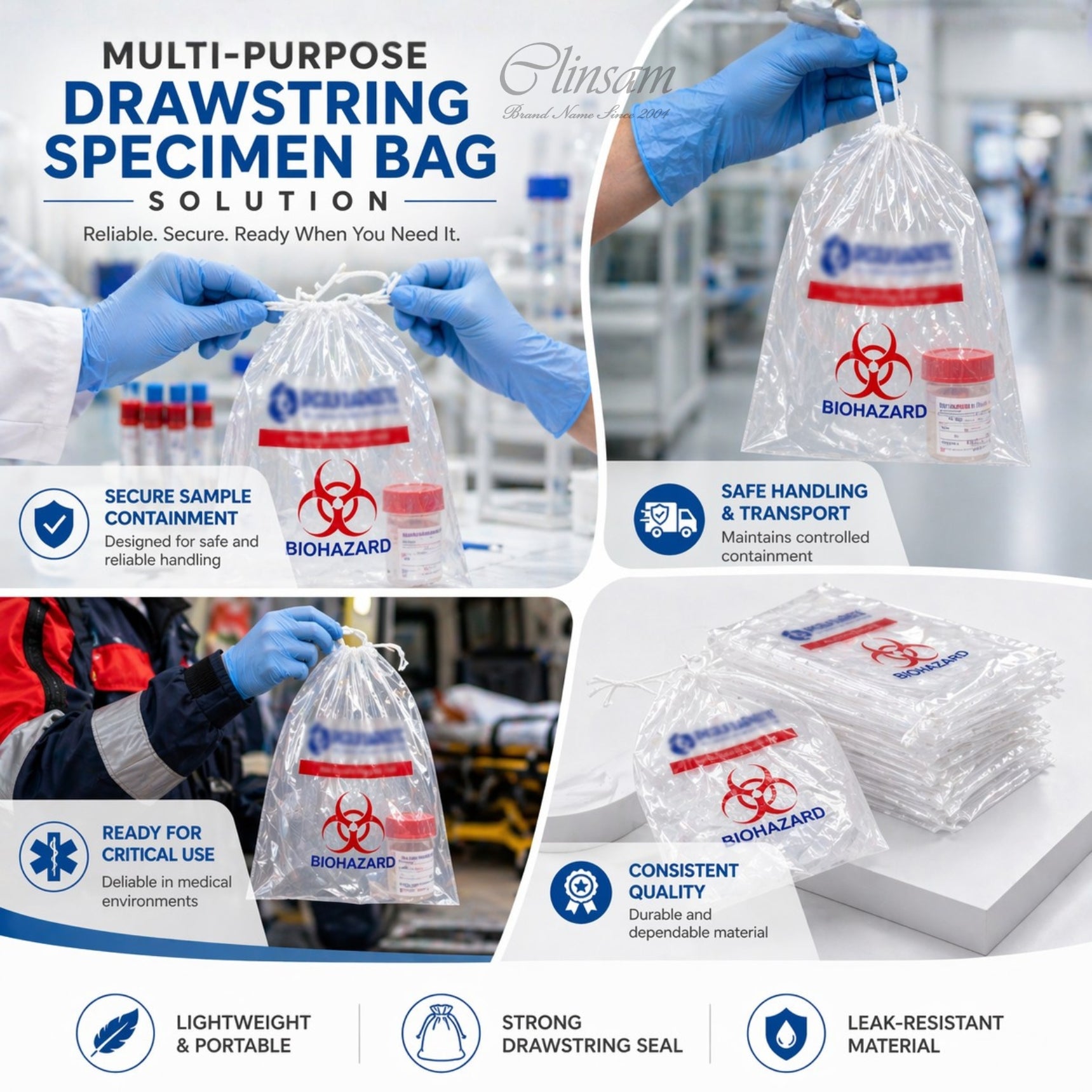 Drawstring Biohazard Specimen Transport Bags - 15 x 17 in (38 x 43 cm)