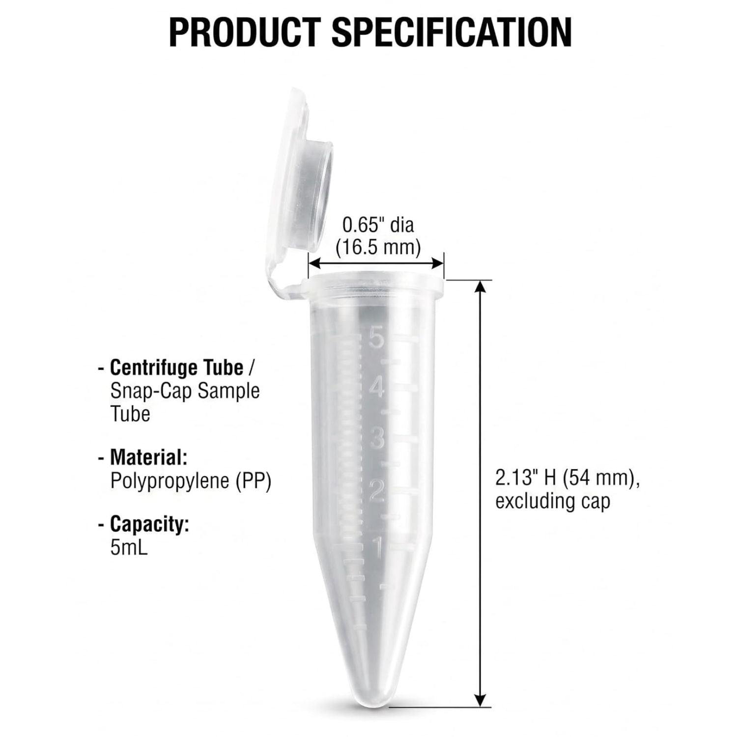 5mL Centrifuge Tubes Snap Cap Clear Polypropylene MacroTube, 500 Pack