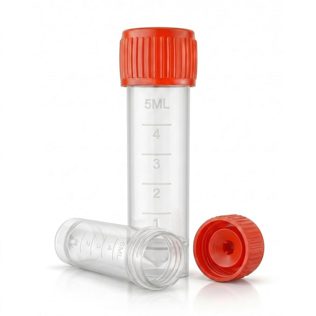 Conical Transport Tubes, 5mL, 16 x 60 mm Clear Polypropylene - Red Screw Caps, 500 pcs