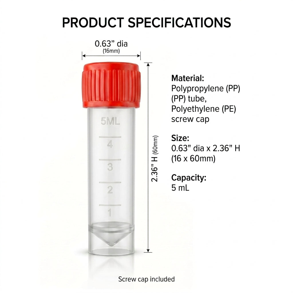 Conical Transport Tubes, 5mL, 16 x 60 mm Clear Polypropylene - Red Screw Caps, 500 pcs