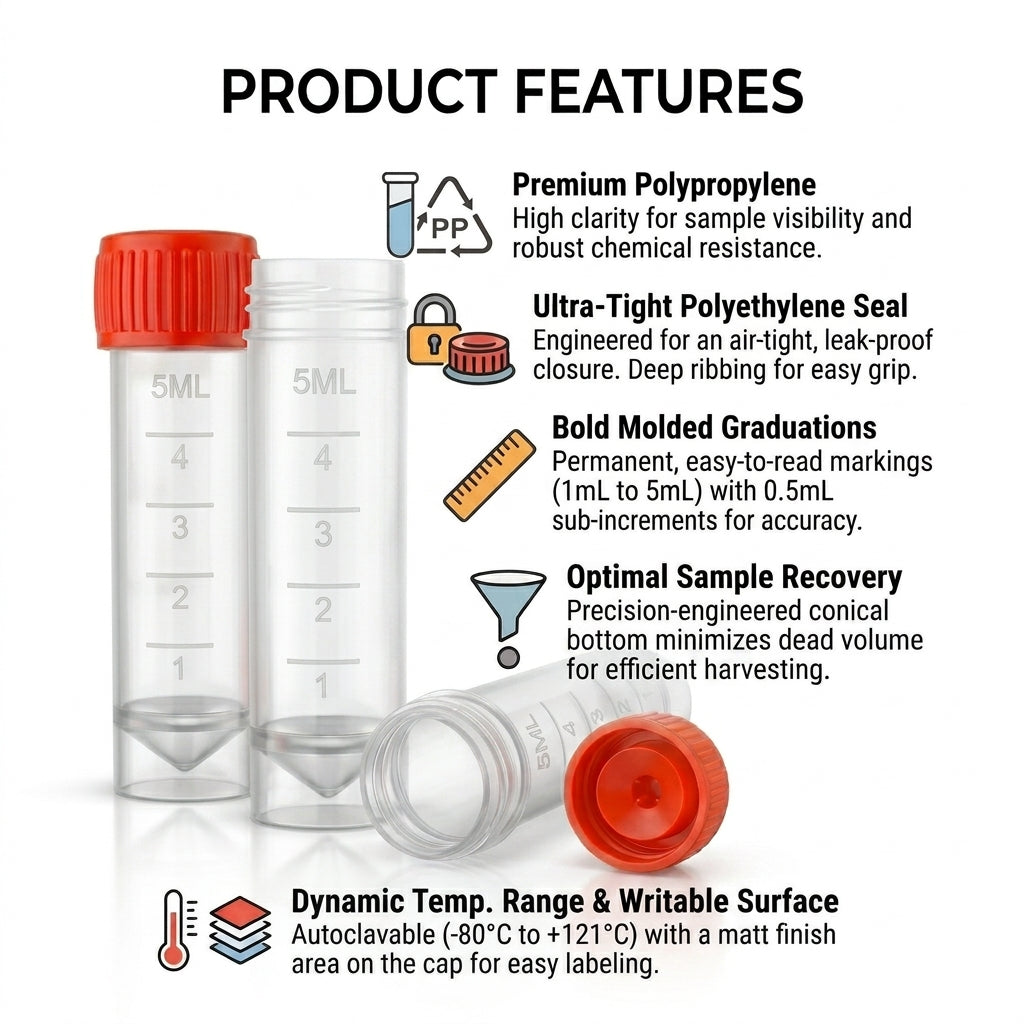 Conical Transport Tubes, 5mL, 16 x 60 mm Clear Polypropylene - Red Screw Caps, 500 pcs
