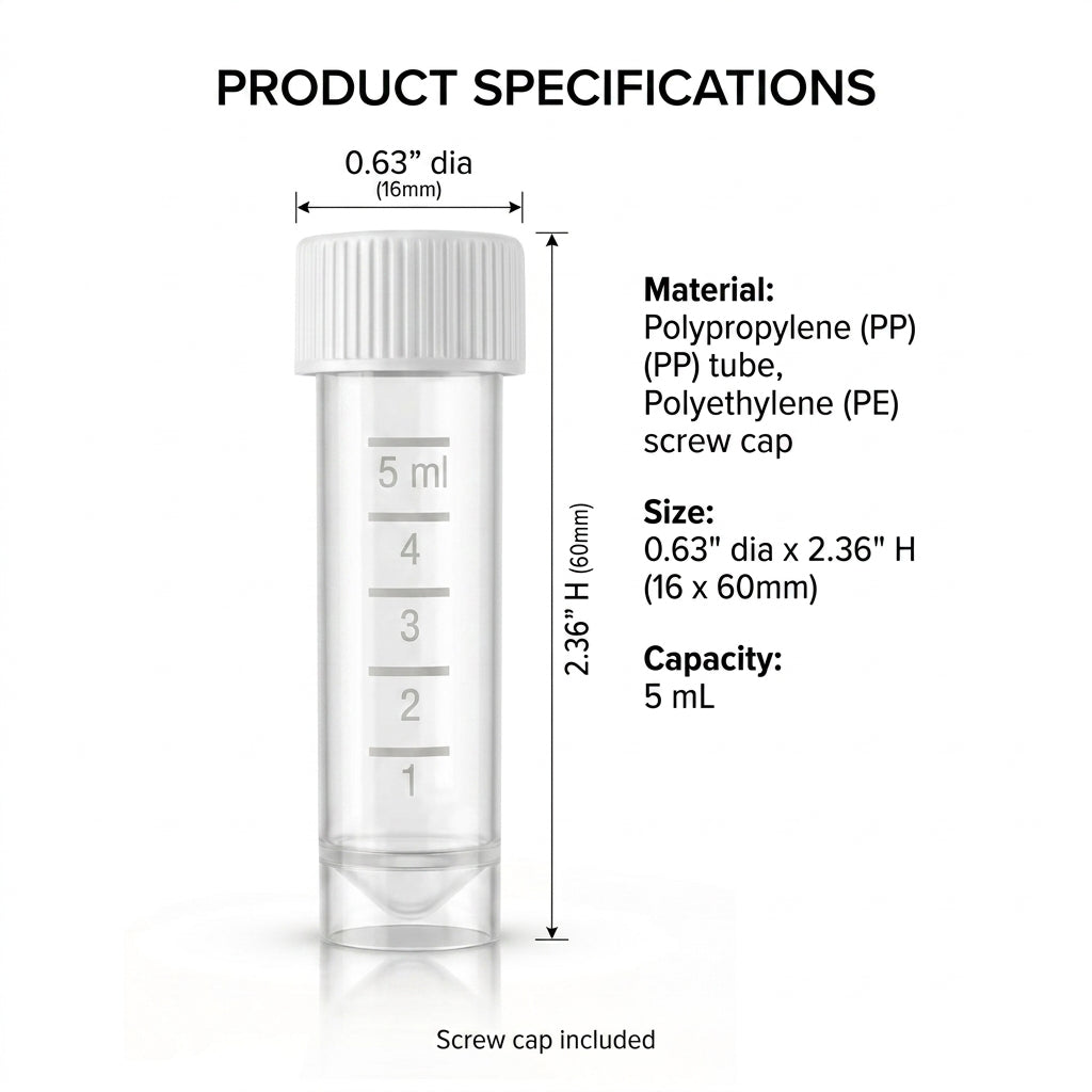 Conical Transport Tubes, 5mL, 16 x 60 mm Clear Polypropylene - White Screw Caps, 500 pcs