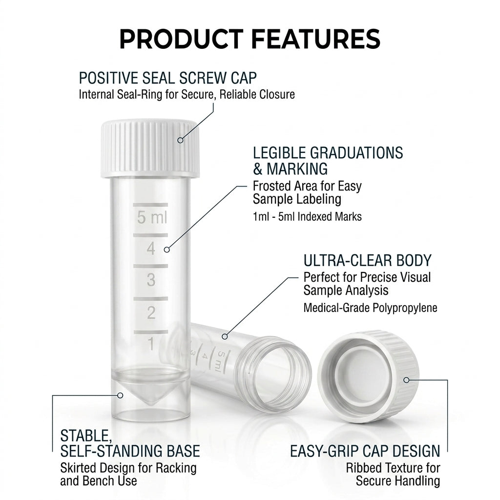 Conical Transport Tubes, 5mL, 16 x 60 mm Clear Polypropylene - White Screw Caps, 500 pcs