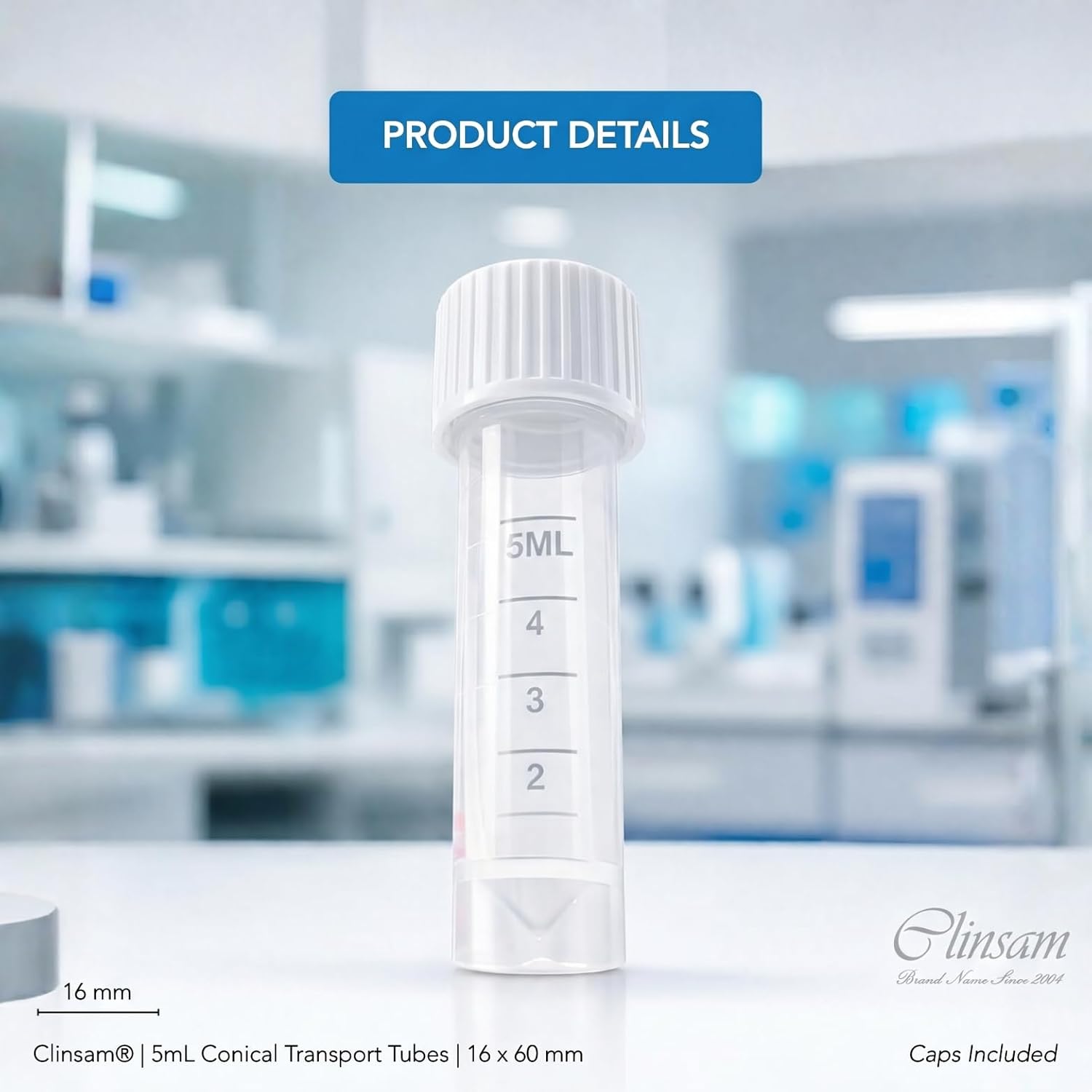 Conical Transport Tubes, 5mL, 16 x 60 mm Clear Polypropylene - White Screw Caps