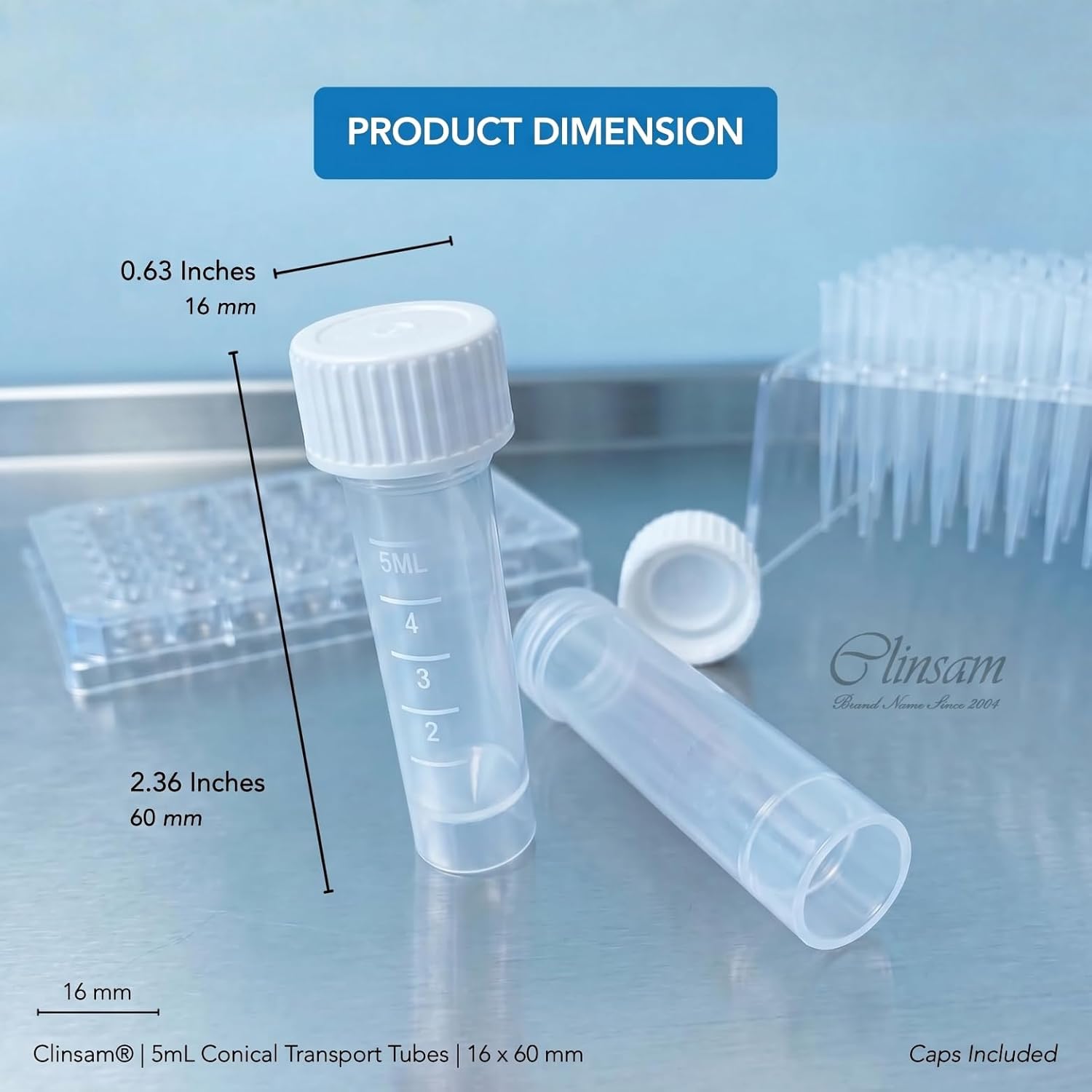 Conical Transport Tubes, 5mL, 16 x 60 mm Clear Polypropylene - White Screw Caps