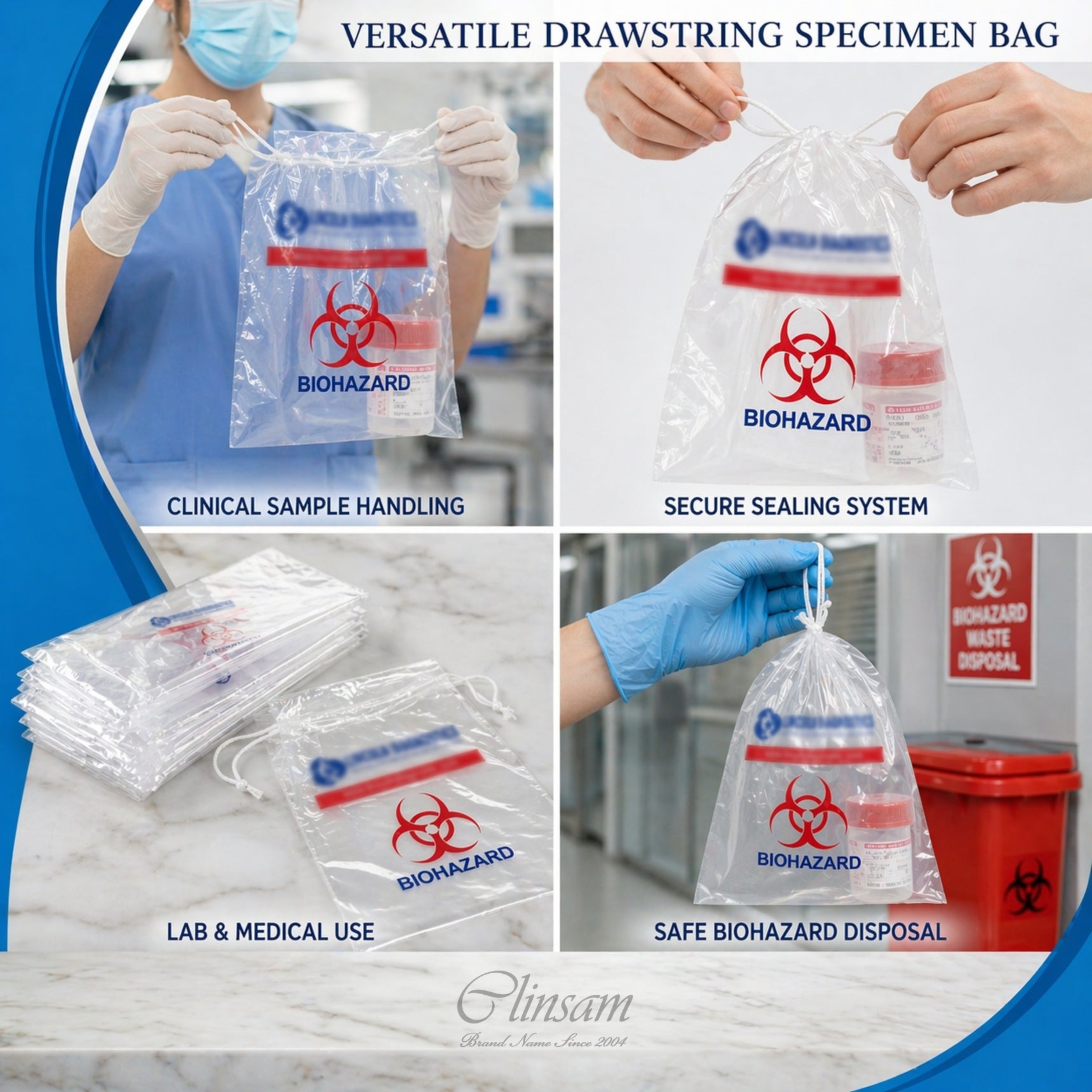 Drawstring Biohazard Specimen Transport Bags - 15 x 17 in (38 x 43 cm)