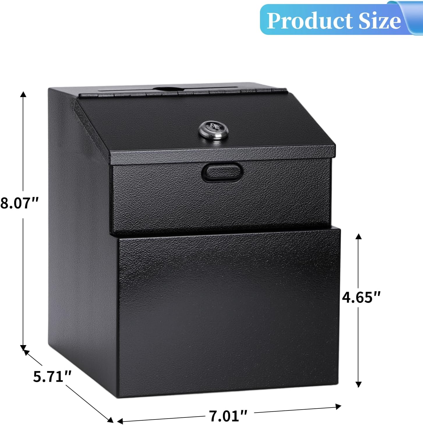 Black metal box with dimensions labeled on a white background