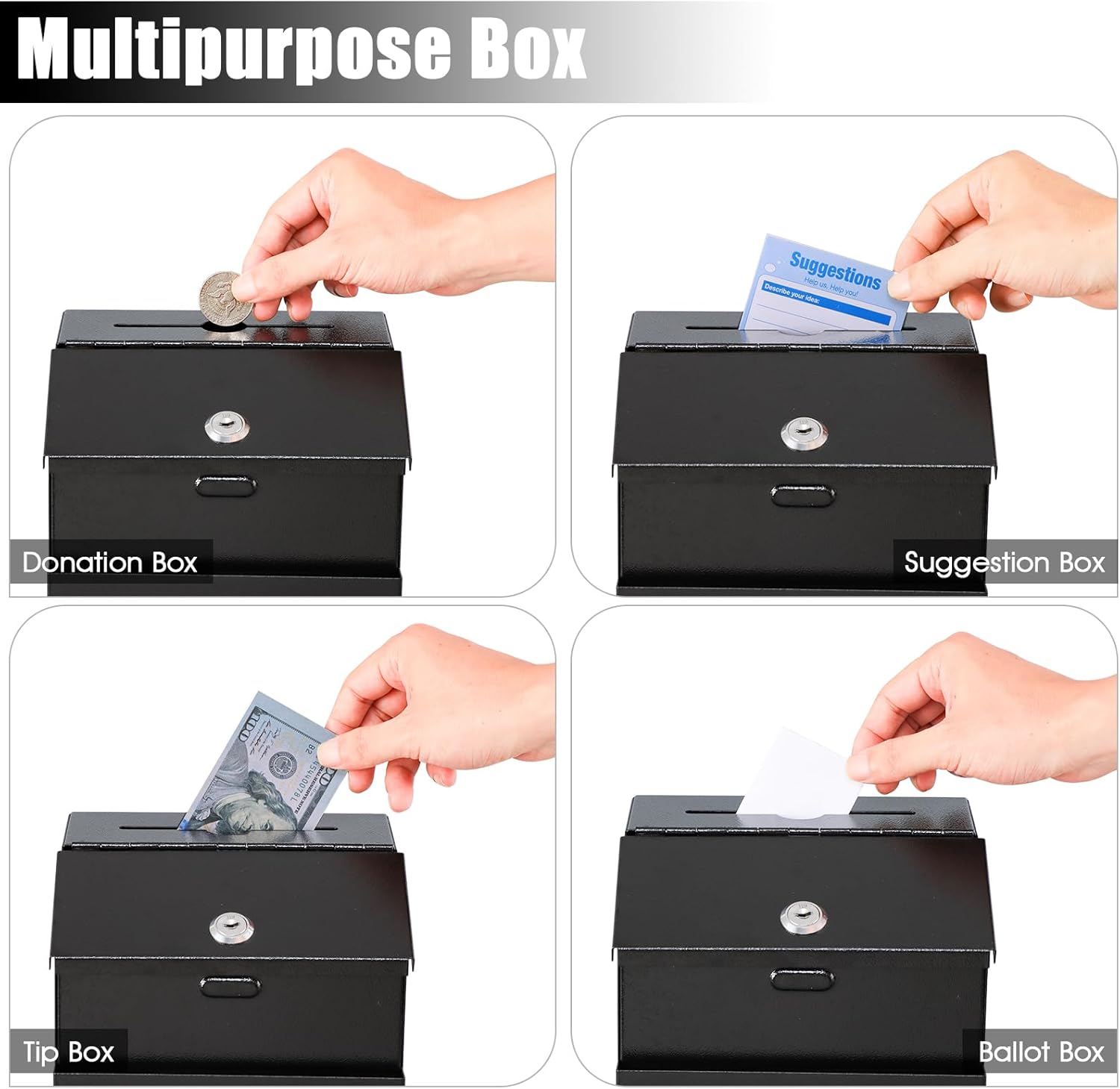 Black multipurpose box used as a donation, suggestion, tip, and ballot box with hands performing actions.
