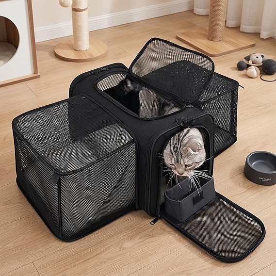 Pet Carrier Bag, Expandable Soft Sided Cat Travel Carrier with Mesh Windows