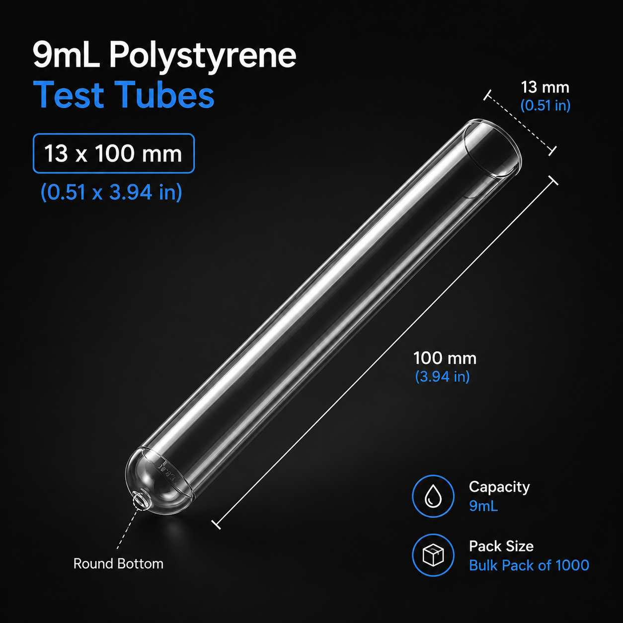 Test Tubes 9mL 13 x 100 mm – Polystyrene Culture Tubes, 1000 Count (Non-Sterile, No Caps)