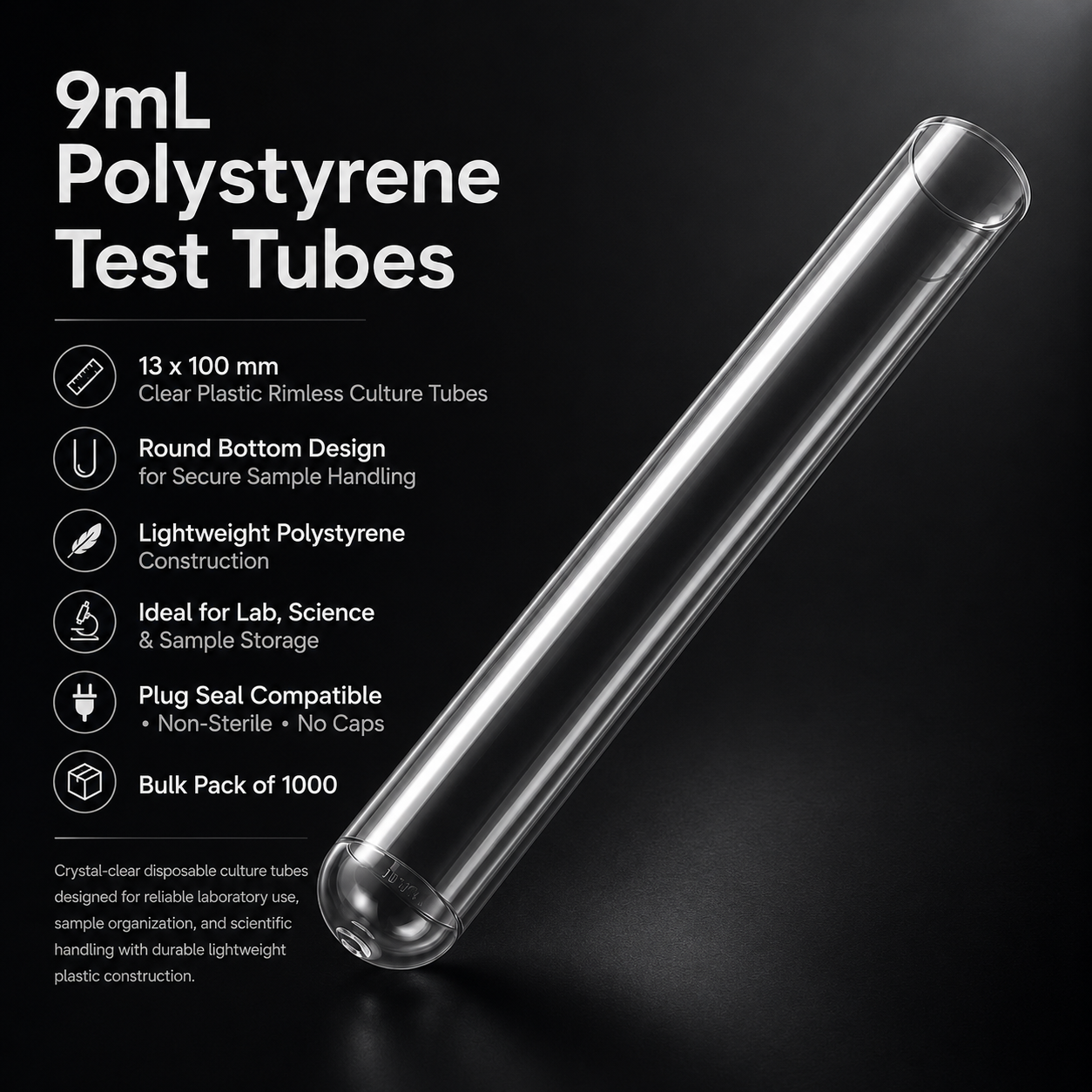 Test Tubes 9mL 13 x 100 mm – Polystyrene Culture Tubes, 1000 Count (Non-Sterile, No Caps)