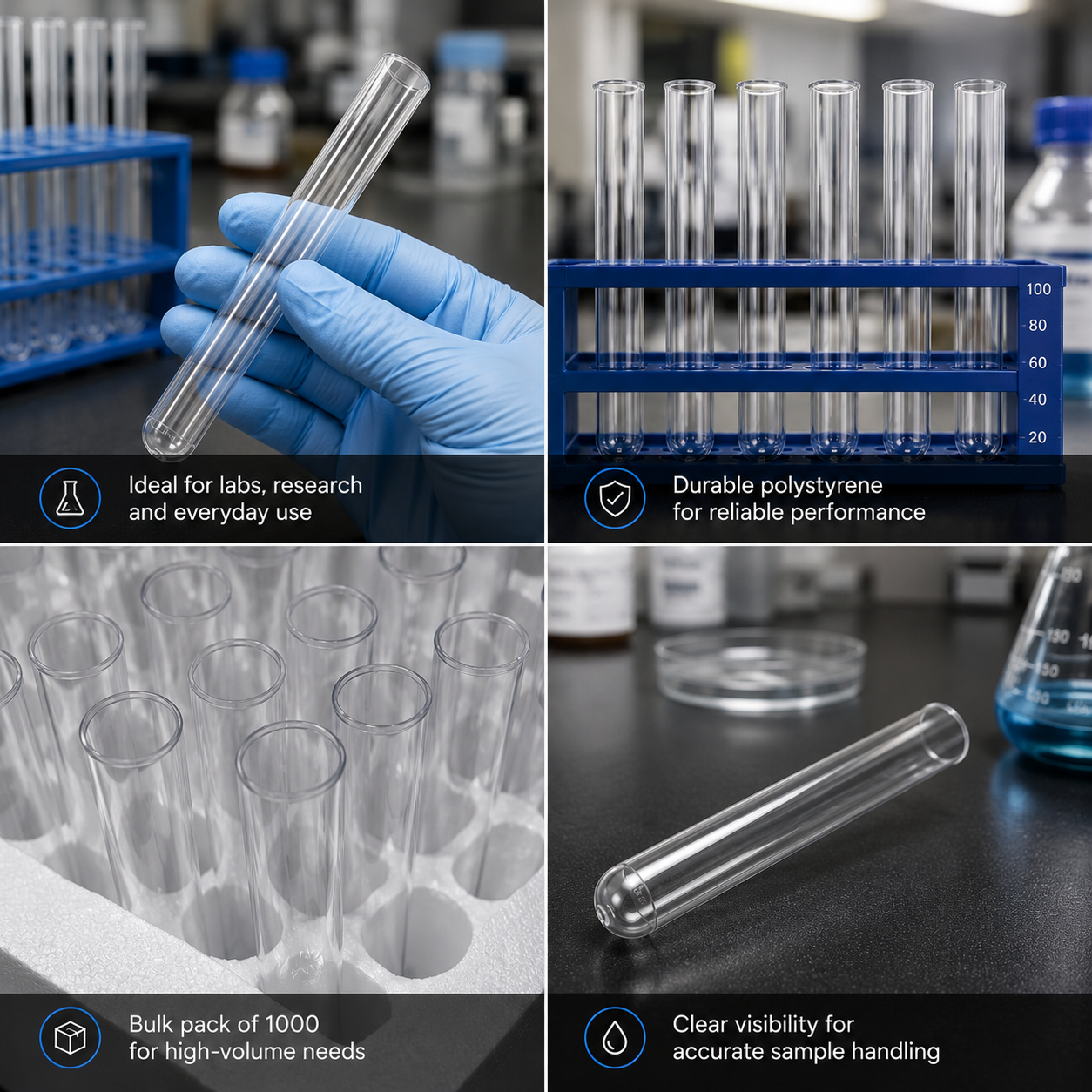 Test Tubes 9mL 13 x 100 mm – Polystyrene Culture Tubes, 1000 Count (Non-Sterile, No Caps)