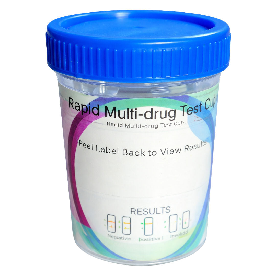 Rapid multi-drug test cup with blue lid on a white background