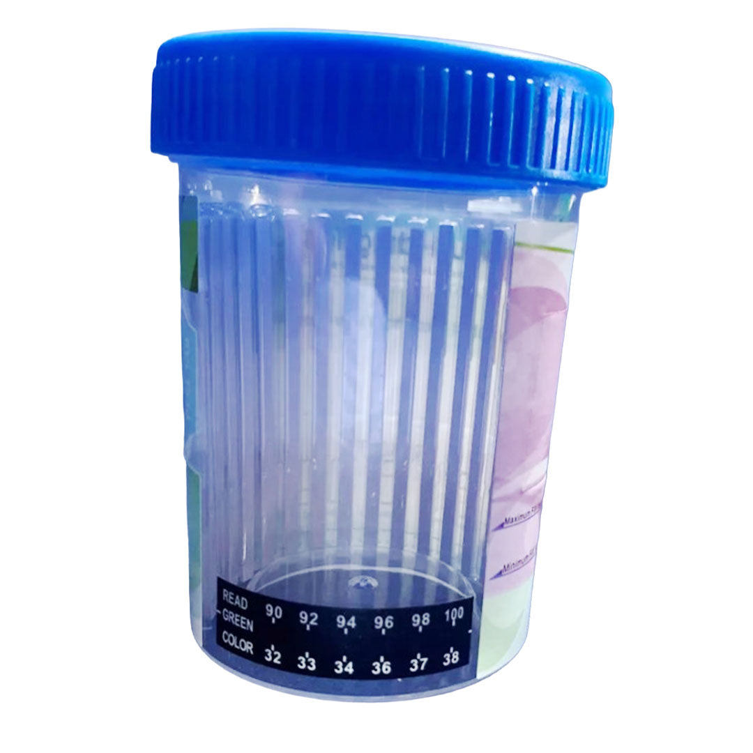 Clear plastic container with blue lid on a white background