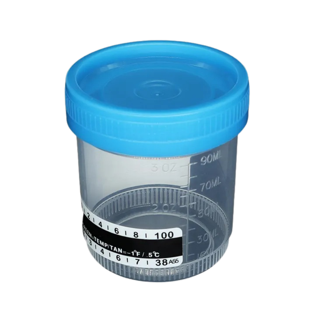 90mL Sterile Urine Cup – Temp Strip, Labeled, D53mm Specimen