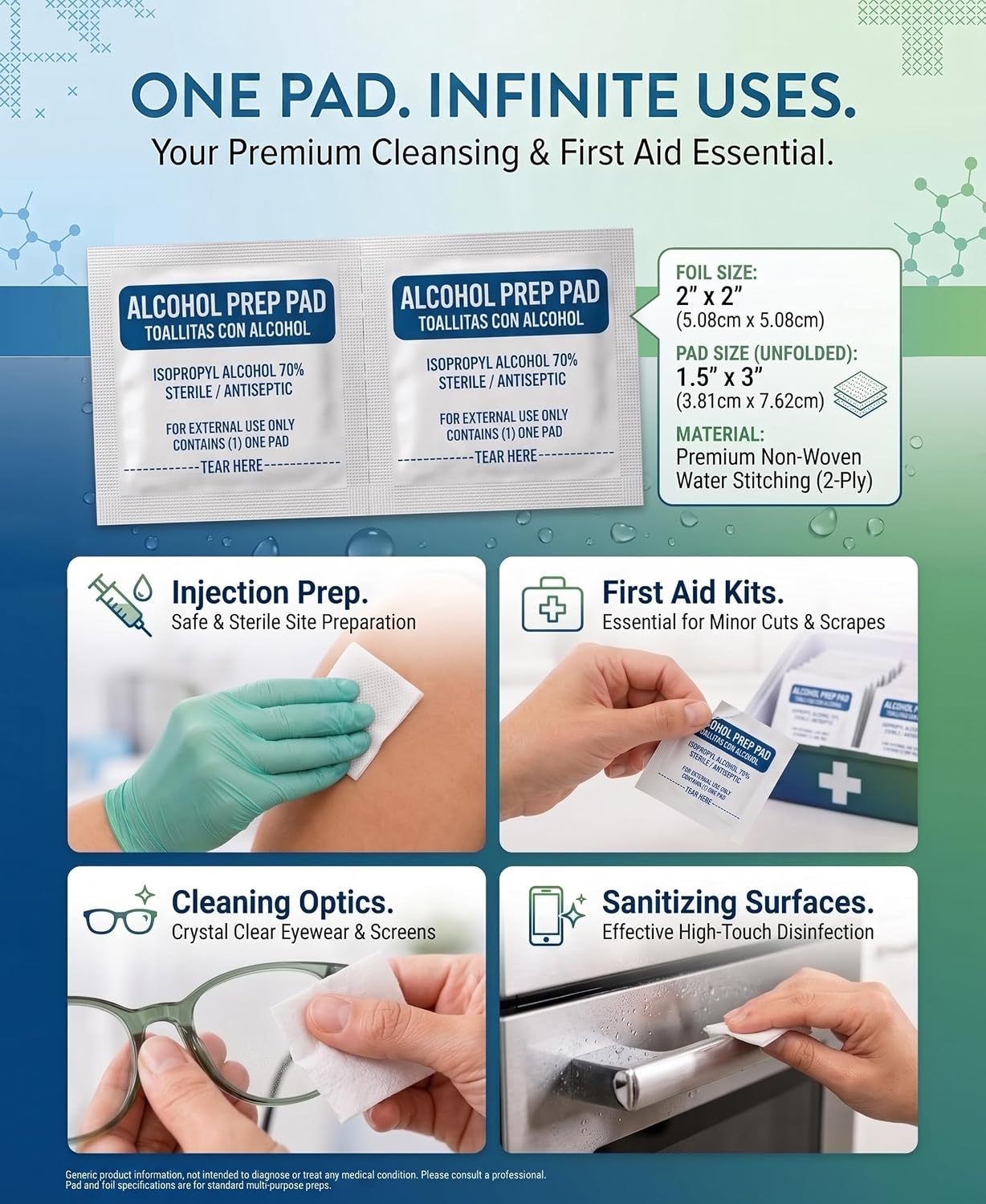 Alcohol Prep Pads 70% Isopropyl, Medical Grade 2-Ply, 1000 Pads (10 Box of 100 Pad)