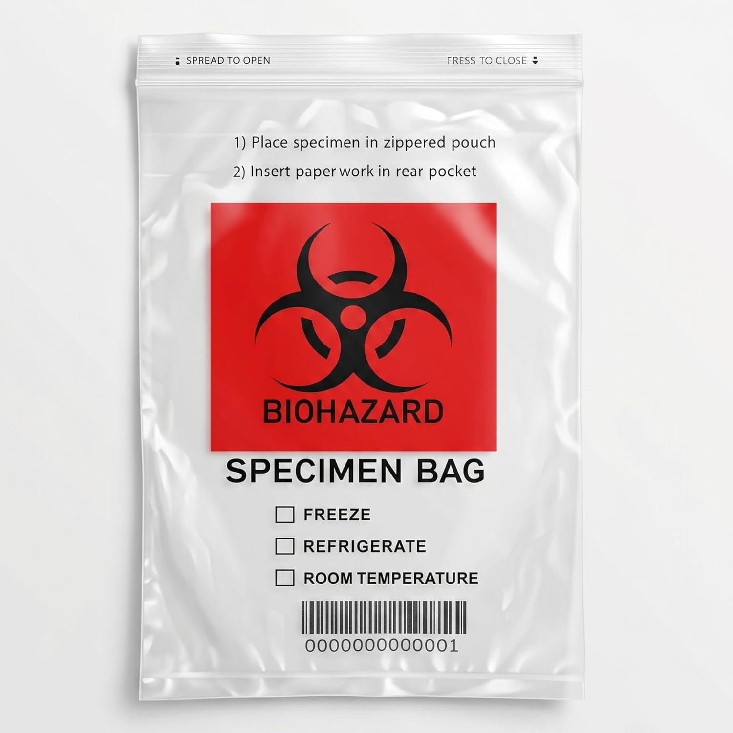 Biohazard Barcode Specimen Transport Bags - 6 x 9 in (15 x 23 cm), 1000 pcs