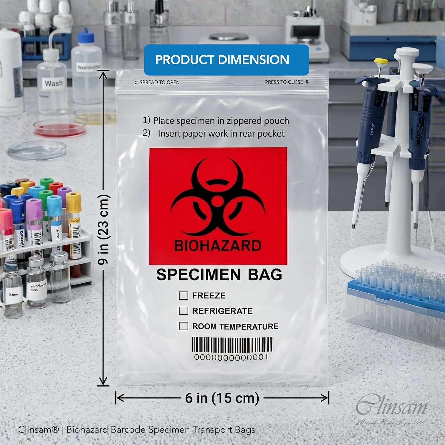 Biohazard Barcode Specimen Transport Bags - 6 x 9 in (15 x 23 cm), 1000 pcs