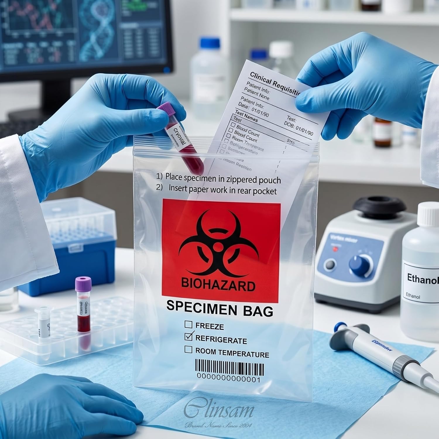Biohazard Barcode Specimen Transport Bags - 6 x 9 in (15 x 23 cm), 1000 pcs