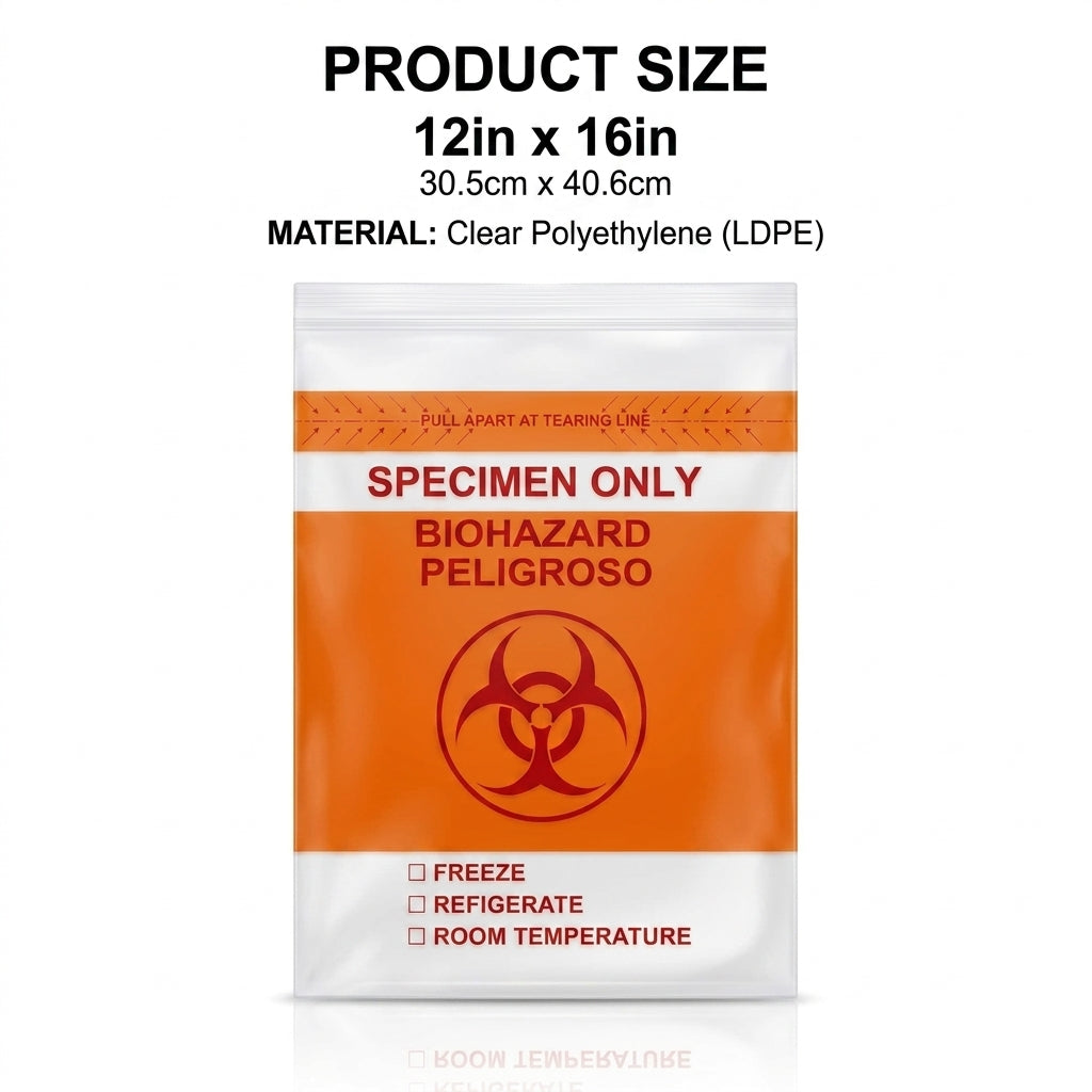 12 x 16 in Biohazard Specimen Ziplock Bag, 3.2 Mil, Dual Pocket, 500 count/ case