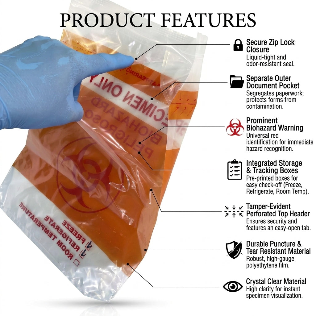 12 x 16 in Biohazard Specimen Ziplock Bag, 3.2 Mil, Dual Pocket, 500 count/ case