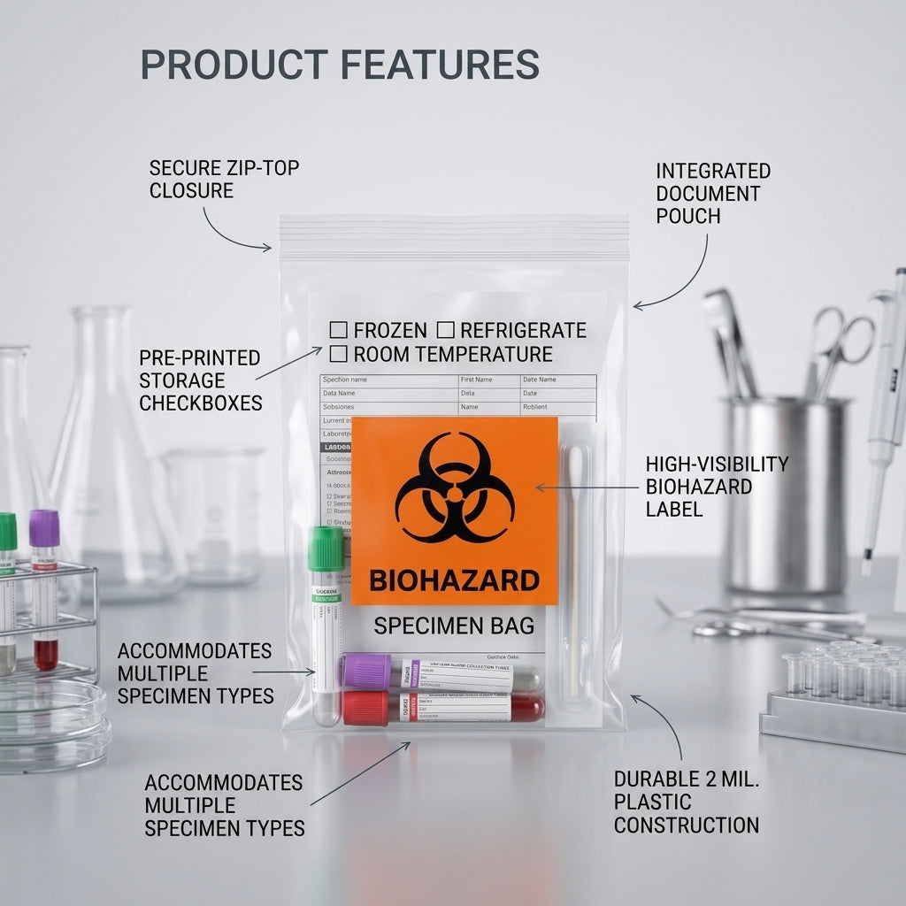 Biohazard Specimen Bag 6 x 9" – 5MIL, Ziplock, Dual Pocket, 1000 counts (10 packs on 100)