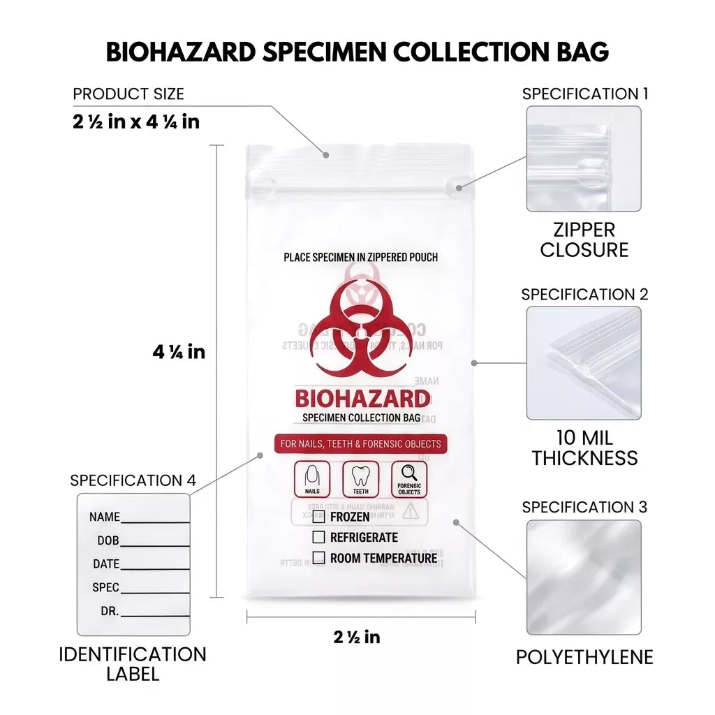 Biohazard Nail Specimen Transport Bags 10 mil- 2 1/2 x 4 1/4 in (6.4 x 11 cm) - 1000 Count