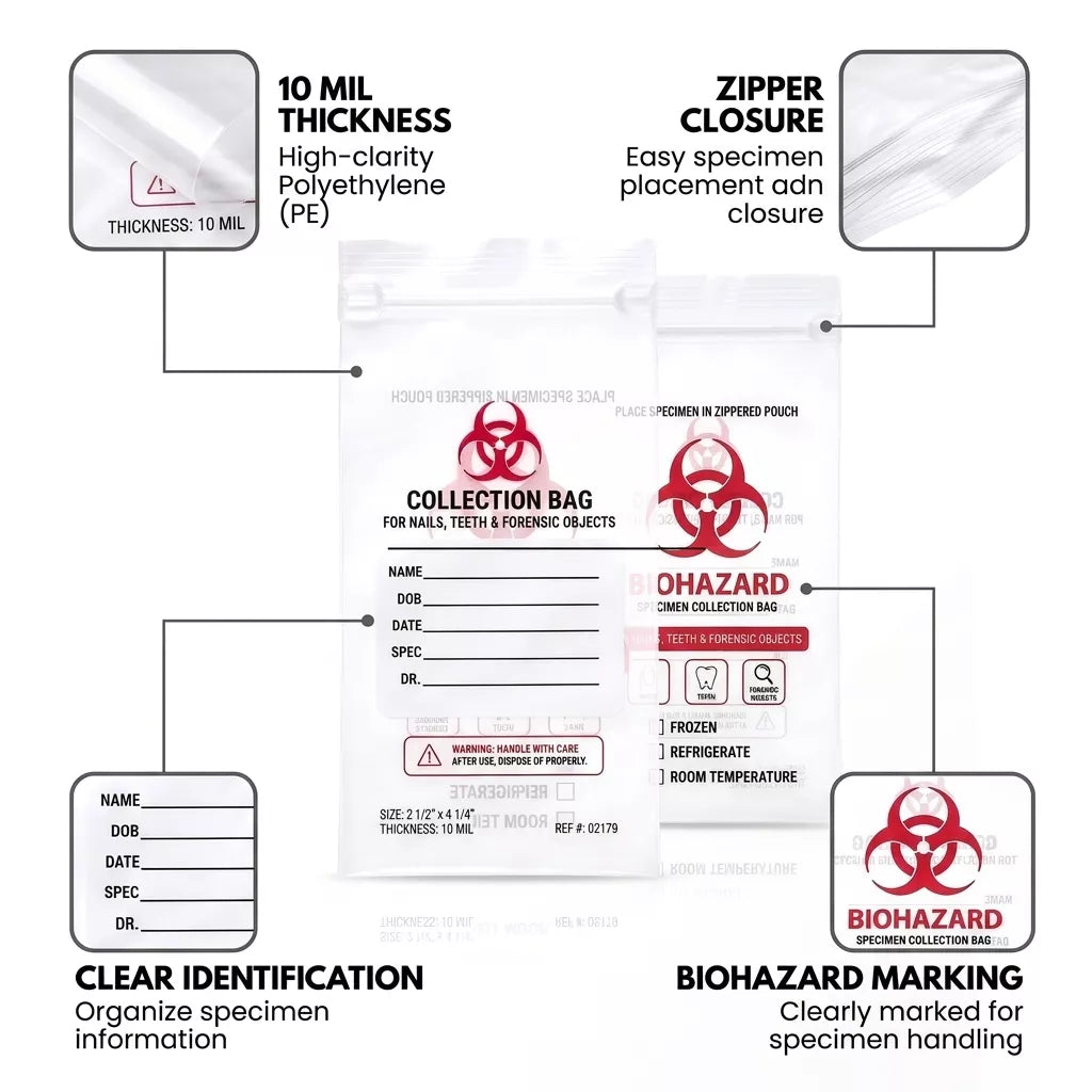 Biohazard Nail Specimen Transport Bags 10 mil- 2 1/2 x 4 1/4 in (6.4 x 11 cm) - 1000 Count