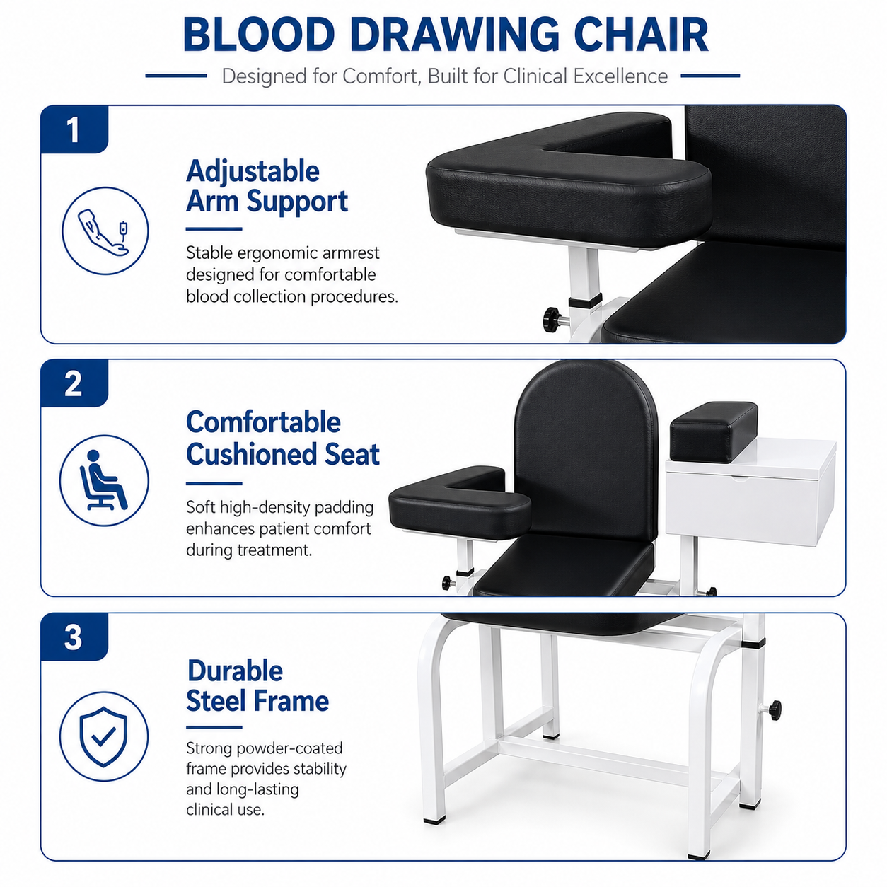 Blood Drawing Chair with Adjustable Flip-Up Armrest – Solid Phlebotomy Chair with Storage Drawer