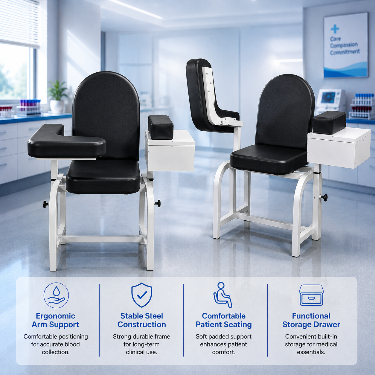 Blood Drawing Chair with Adjustable Flip-Up Armrest – Solid Phlebotomy Chair with Storage Drawer
