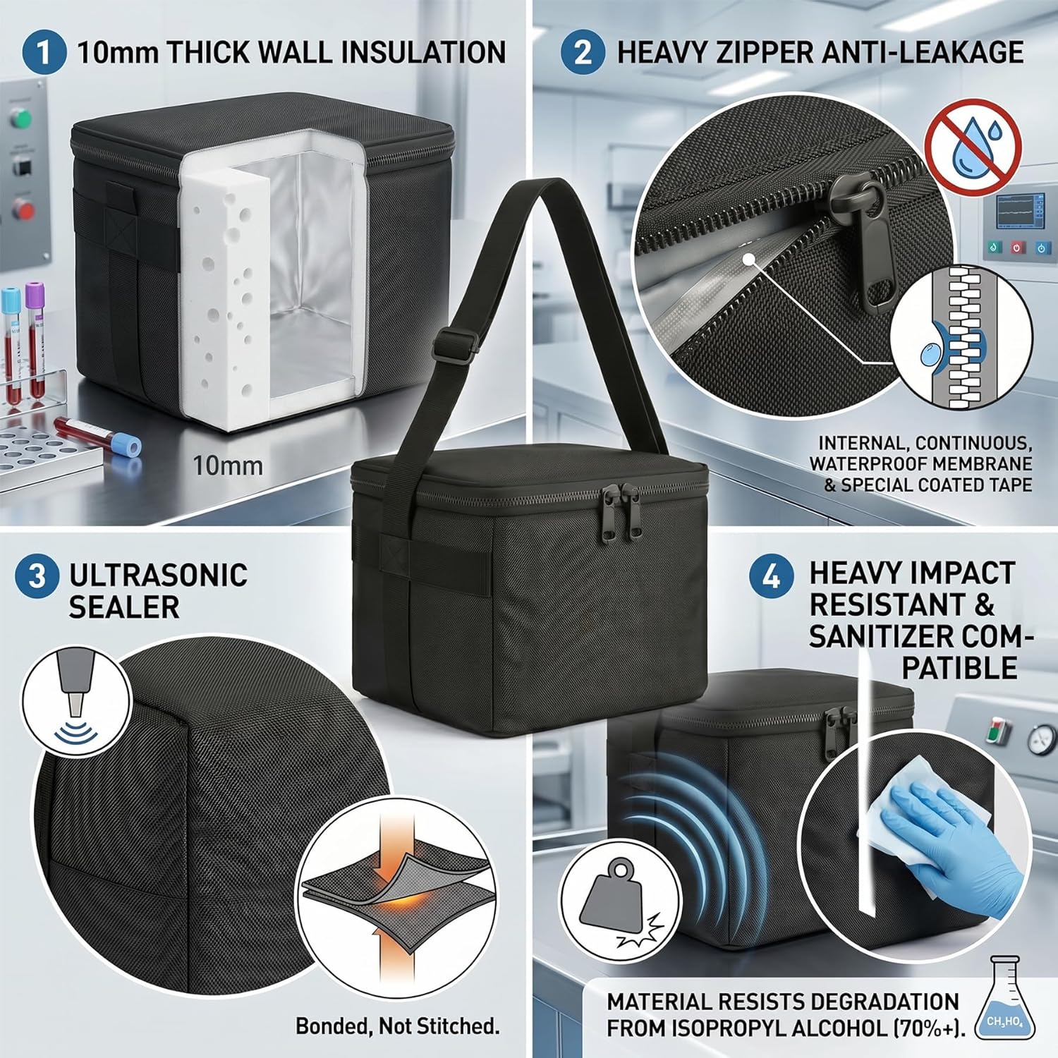 Medical Specimen Transport Bag Improved, Insulated Biohazard Cooler Tote 10 x 7 x 8in, Leakproof